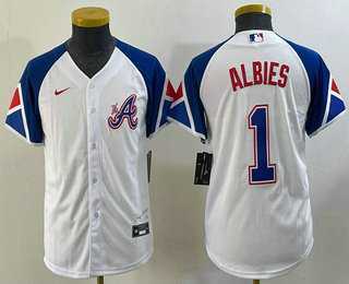 Youth Atlanta Braves #1 Ozzie Albies White 2023 City Connect Cool Base Stitched Jersey->mlb youth jerseys->MLB Jersey